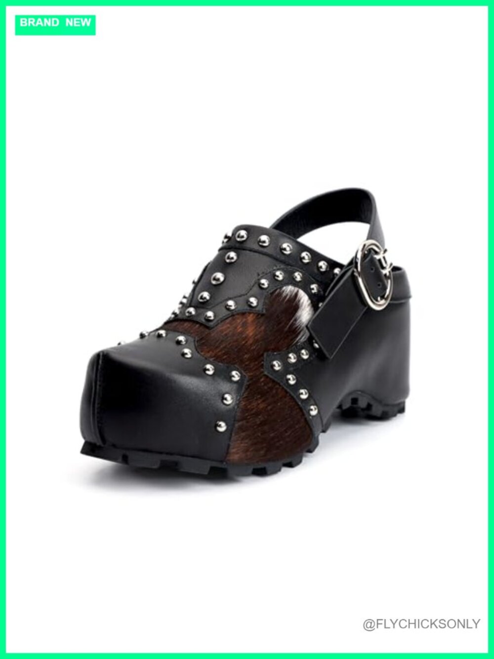 Platform Clogs Women Calf Hair Leather Patchwork Arch Support Mules